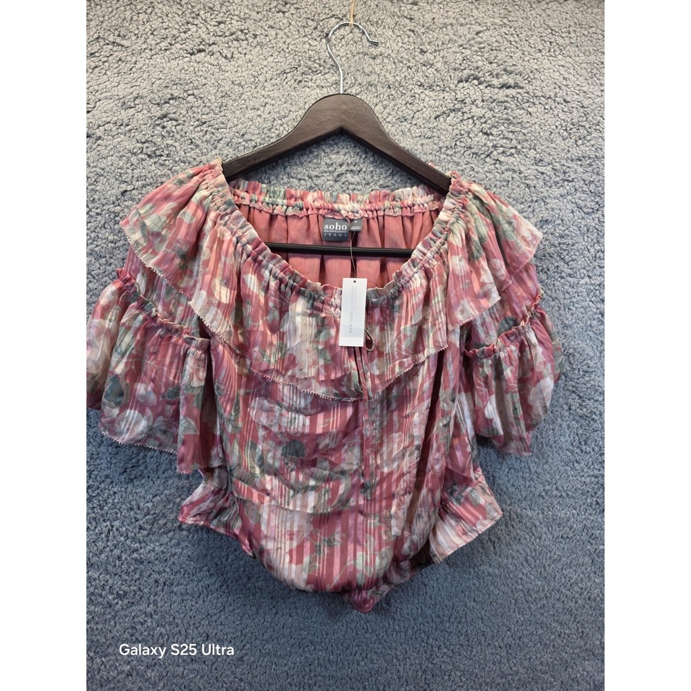 NY&C MediumHarina Ruffled Off Shoulder Pink‎ Blue Elastic Top Light